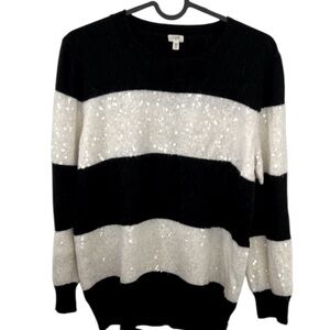 J Crew Black White Sequin Stripe Sweater M